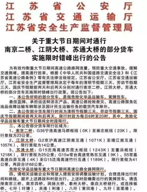 江苏省 9月12日22时至9月16日6时,全省高速公路禁止危险化学品运输车辆通行。 江苏省 9月12日22时至9月16日6时,全省高速公路禁止危险化学品运输车辆通行。