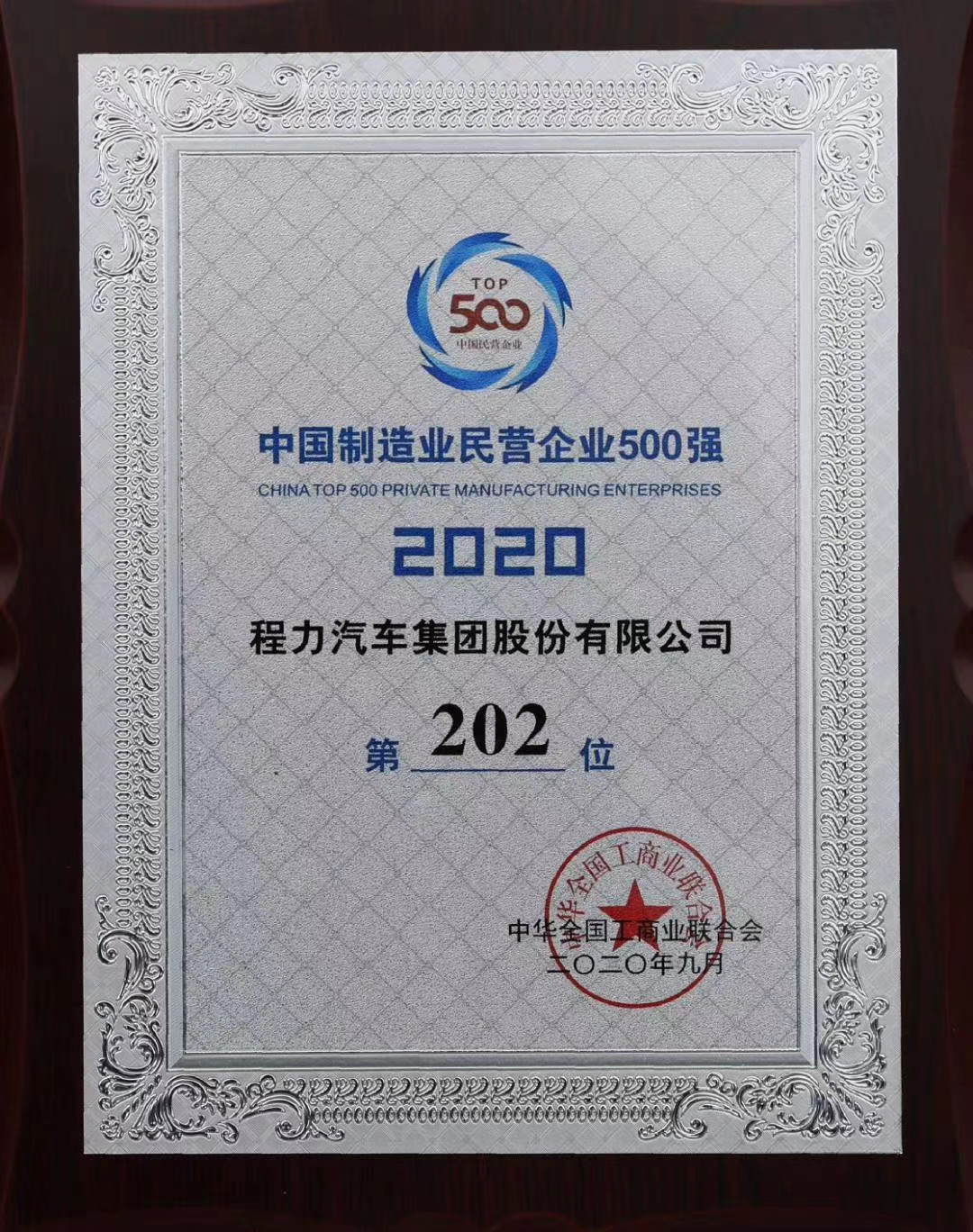 2020中国制造业民营企业500强第202位
